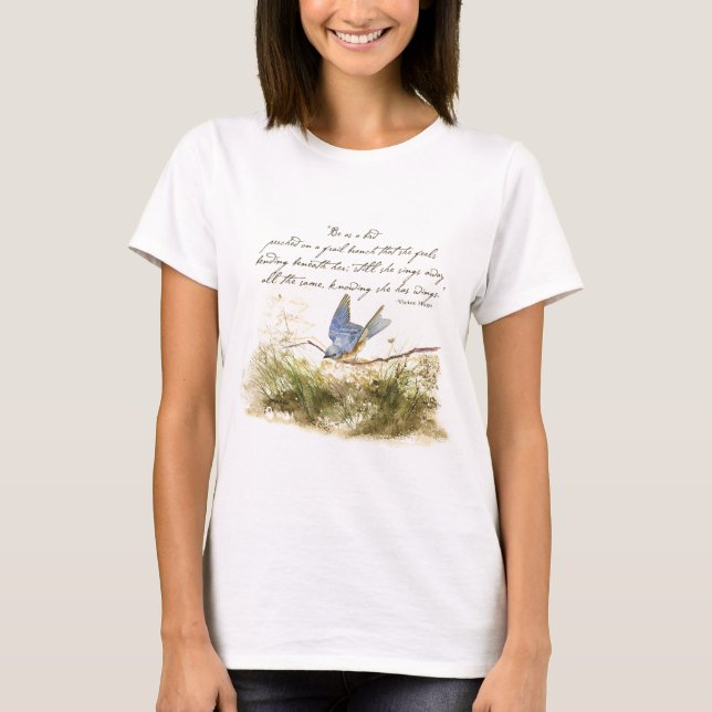 Bluebird auf Zweig Victor Hugo Inspirationsegedich T-Shirt (Vorderseite)