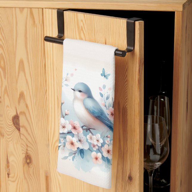 Bluebird Blossom Watercolor Serenity Geschirrtuch (Drittel gefaltet)
