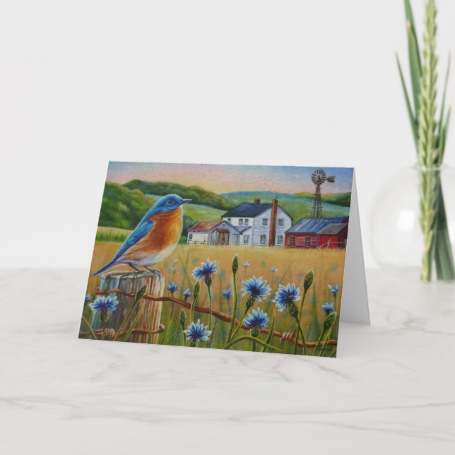 Bluebird Corblüten Sommerfarm Wasserfarbe Kunst Karte (Vorderseite)