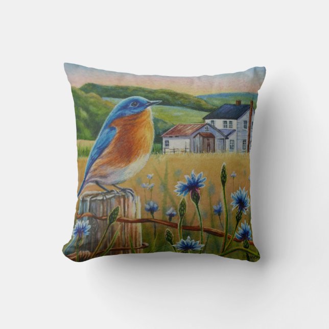 Bluebird Corblüten Sommerfarm Wasserfarbe Kunst Kissen (Vorderseite)