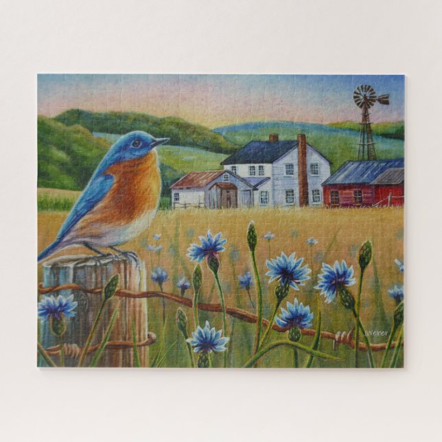 Bluebird Cornflowers Sommer Farm Wasserfarbene Kun (Horizontal)
