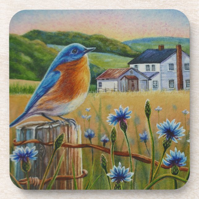 Bluebird Cornflowers Sommer Farm Wasserfarbene Kun Getränkeuntersetzer (Vorderseite)