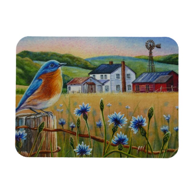 Bluebird Cornflowers Sommer Farm Wasserfarbene Kun Magnet (Horizontal)
