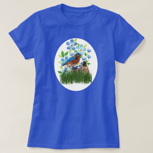 Bluebird im Blumengarten / Vogelfreund T-Shirt (Design vorne)