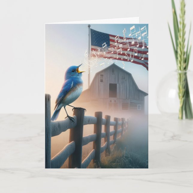 Bluebird mit amerikanischer Flagge singen Karte (Vorderseite)