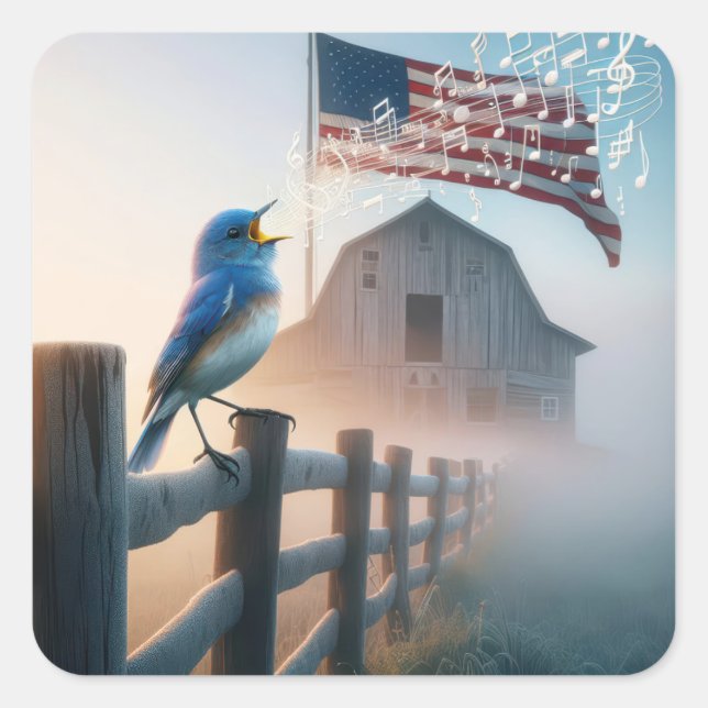 Bluebird mit amerikanischer Flagge singen Quadratischer Aufkleber (Vorderseite)