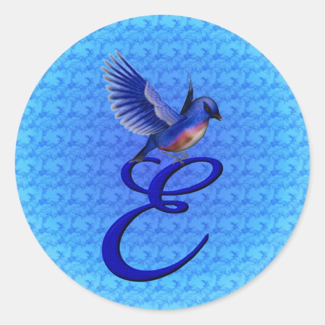 Bluebird Monogram Initial E Elegant Runder Aufkleber (Vorderseite)