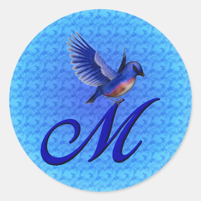 Bluebird Monogram Initial M Elegant Runder Aufkleber (Vorderseite)