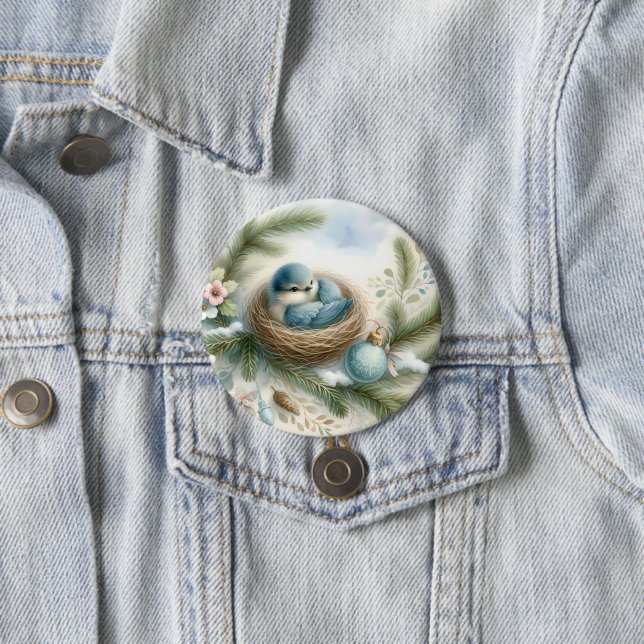 Bluebird Nest with Ornaments in Winter Pines Button (Beispiel)