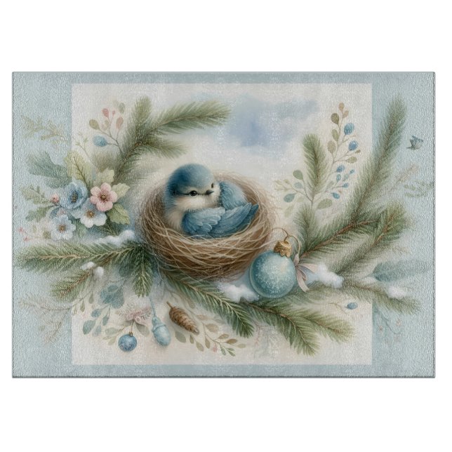 Bluebird Nest with Ornaments in Winter Pines Schneidebrett (Vorderseite)
