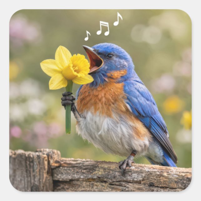 Bluebird Singing Into a Yellow Daffodil Quadratischer Aufkleber (Vorderseite)