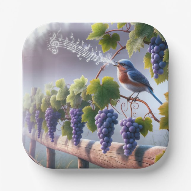 Bluebird singt auf einem Grapevine Pappteller (Vorderseite)