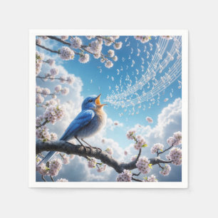 Bluebird singt auf einem Kirschbaumzweig Serviette