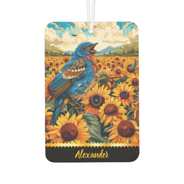 Bluebird singt bei Sonnenblumen im Morgengrauen Autolufterfrischer (Rückseite)