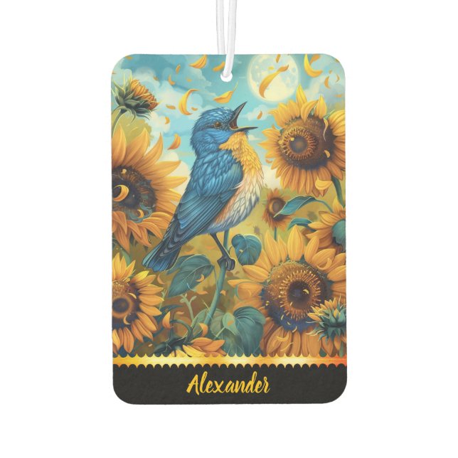 Bluebird singt unter Sonnenblumen Autolufterfrischer (Rückseite)