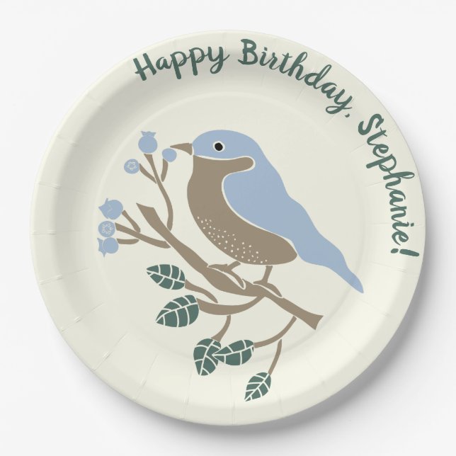 Bluebird und Blueberries Personalisiert zum Geburt Pappteller (Vorderseite)