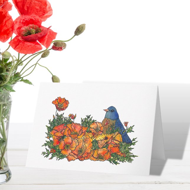 Bluebird Watercolor Blank Karte (Bluebird in Poppies Art Card)