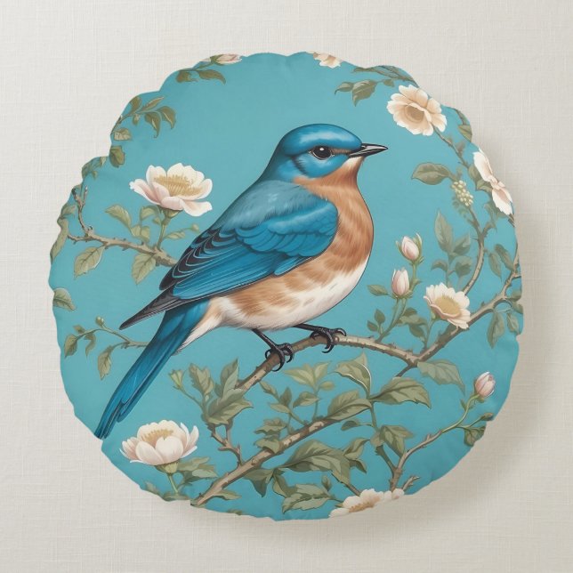 Bluebird William Morris Inspiriert Türkis Rundes Kissen (Vorderseite)