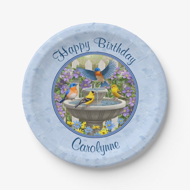 Bluebirds Goldfinches Birdbath Blue Pappteller (Vorderseite)