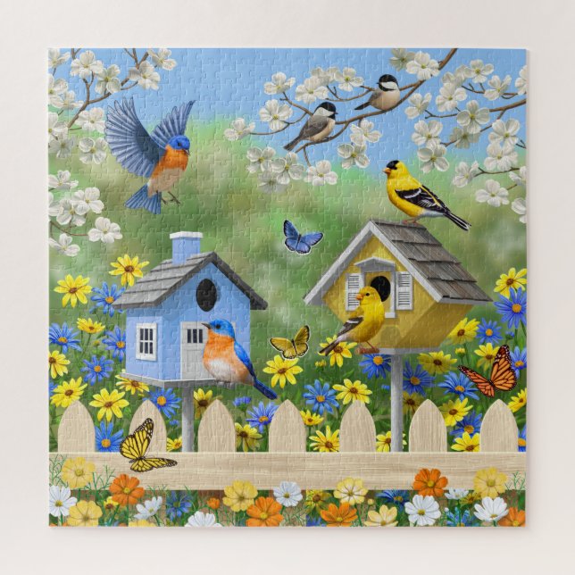 Bluebirds Goldfinches Birdhouses Blumengarten (Vertikal)