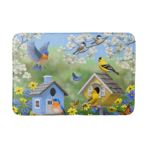 Bluebirds Goldfinches Birdhouses Blumengarten Badematte