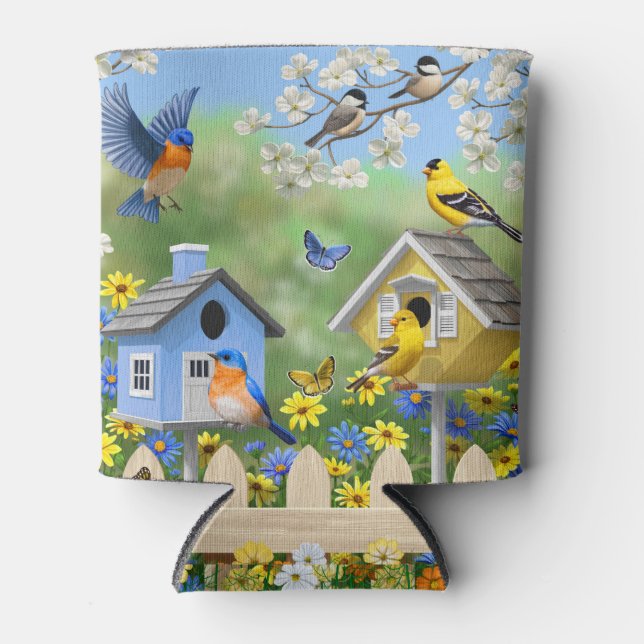 Bluebirds Goldfinches Birdhouses Blumengarten Dosenkühler (Vorderseite)