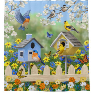 Bluebirds Goldfinches Birdhouses Blumengarten Duschvorhang