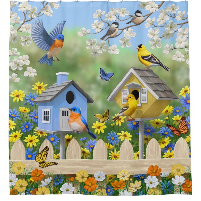 Bluebirds Goldfinches Birdhouses Blumengarten Duschvorhang (Vorderseite)