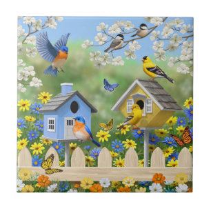 Bluebirds Goldfinches Birdhouses Blumengarten Fliese