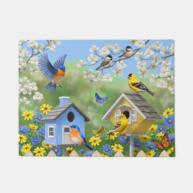 Bluebirds Goldfinches Birdhouses Blumengarten Fußmatte (Vorderseite)