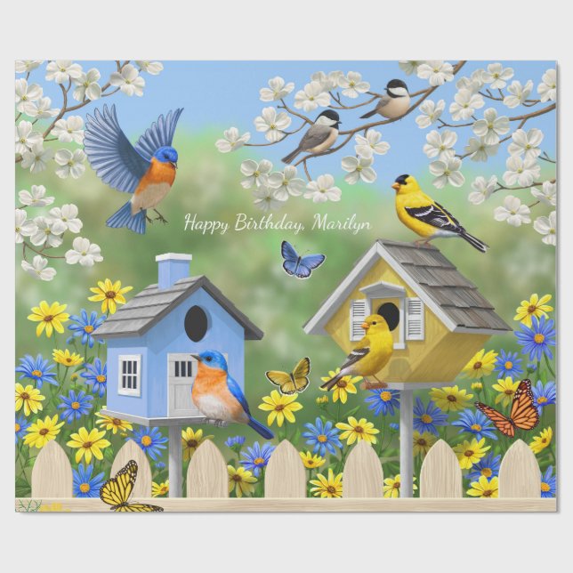 Bluebirds Goldfinches Birdhouses Blumengarten Geschenkpapier (Flach)