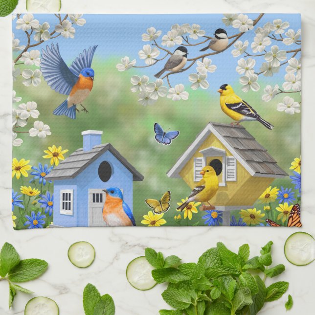 Bluebirds Goldfinches Birdhouses Blumengarten Geschirrtuch (Gefaltet)
