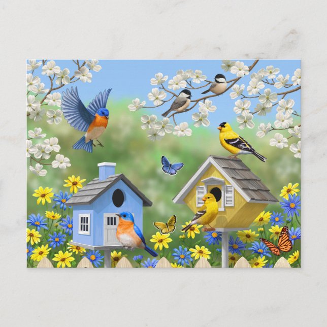 Bluebirds Goldfinches Birdhouses Blumengarten Postkarte (Vorderseite)