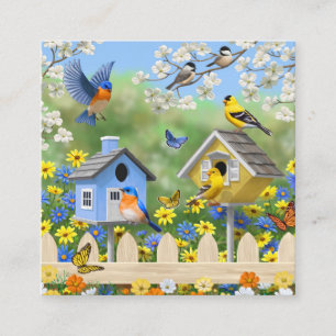 Bluebirds Goldfinches Birdhouses Blumengarten Quadratische Visitenkarte