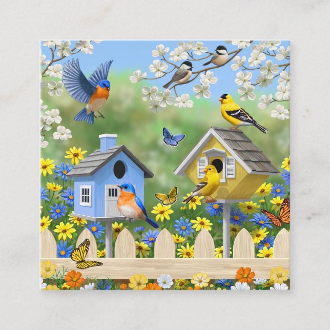 Bluebirds Goldfinches Birdhouses Blumengarten Quadratische Visitenkarte (Vorderseite)