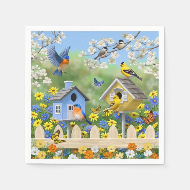 Bluebirds Goldfinches Birdhouses Blumengarten Serviette (Vorderseite)