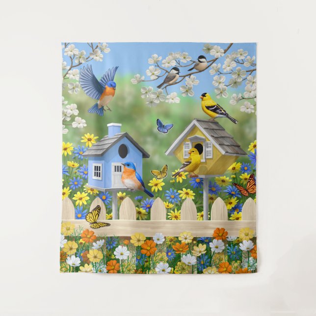 Bluebirds Goldfinches Birdhouses Blumengarten Wandteppich (Vorderseite)