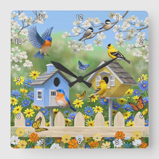 Bluebirds Goldfinches Blumengarten Quadratische Wanduhr (Vorderseite)