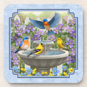 Bluebirds Goldfingen Blumengarten Blauer Brunnen Getränkeuntersetzer