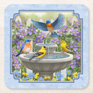 Bluebirds Goldfingen Blumengarten Blauer Brunnen Rechteckiger Pappuntersetzer