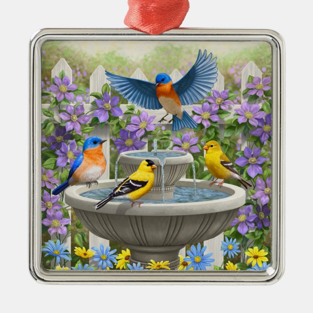 Bluebirds Goldfink und Fontane Birdbath Silbernes Ornament (Vorne)