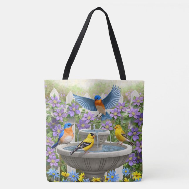Bluebirds Goldfink und Fontane Birdbath Tasche (Vorderseite)