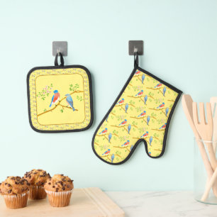 Bluebirds Oven Mitt & Pot Holder Set Gelb