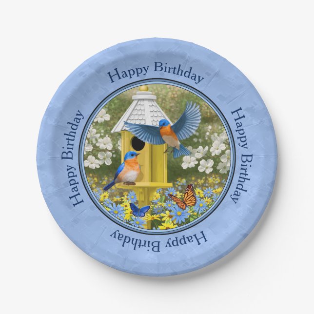 Bluebirds und Hexagon Birdhouse Blue Pappteller (Vorderseite)