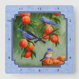 Bluebirds und Pfirsiche Blue Quadratische Wanduhr