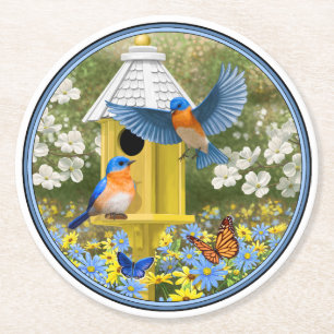 Bluebirds und Tallgelbe Birnenblume Runder Pappuntersetzer