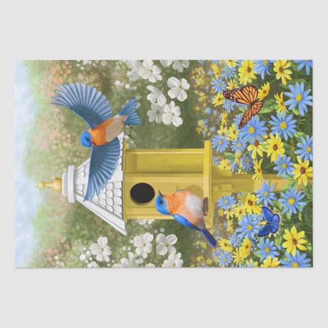 Bluebirds und Tallgelbe Birnenblume Seidenpapier (Vorderseite)