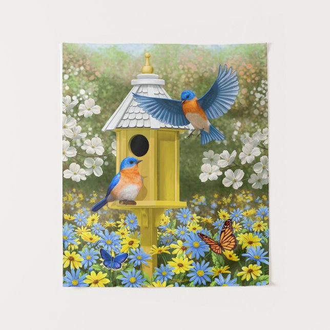 Bluebirds und Tallgelbe Birnenblume Wandteppich (Vorderseite)