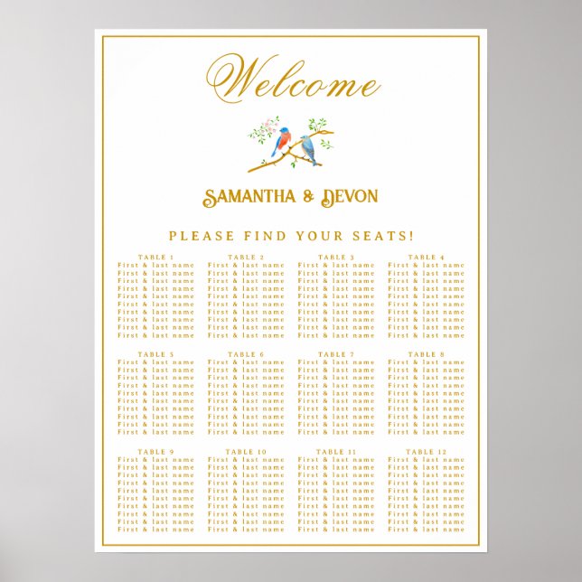 Bluebirds Wedding Seating Chart Poster (Vorne)