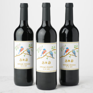 Bluebirds White Wedding Wine Labels Weinetikett